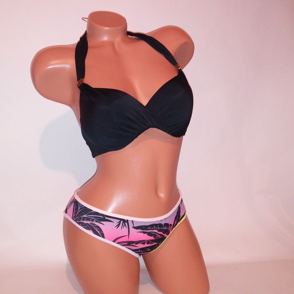 Victoria Secret Swim Bikini 32D Top XS Hipster Bottom Black Pink Tropical